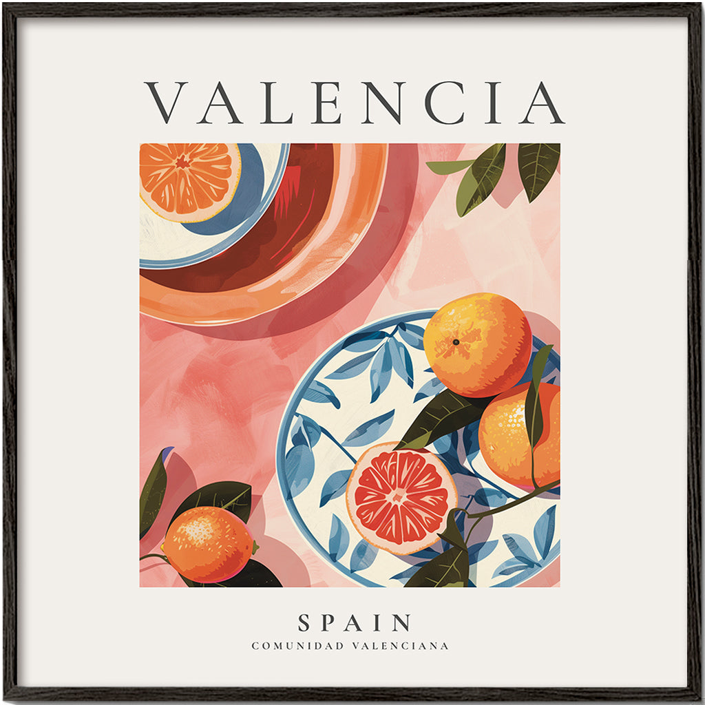 Rejseplakat Valencia med illustrerede appelsiner