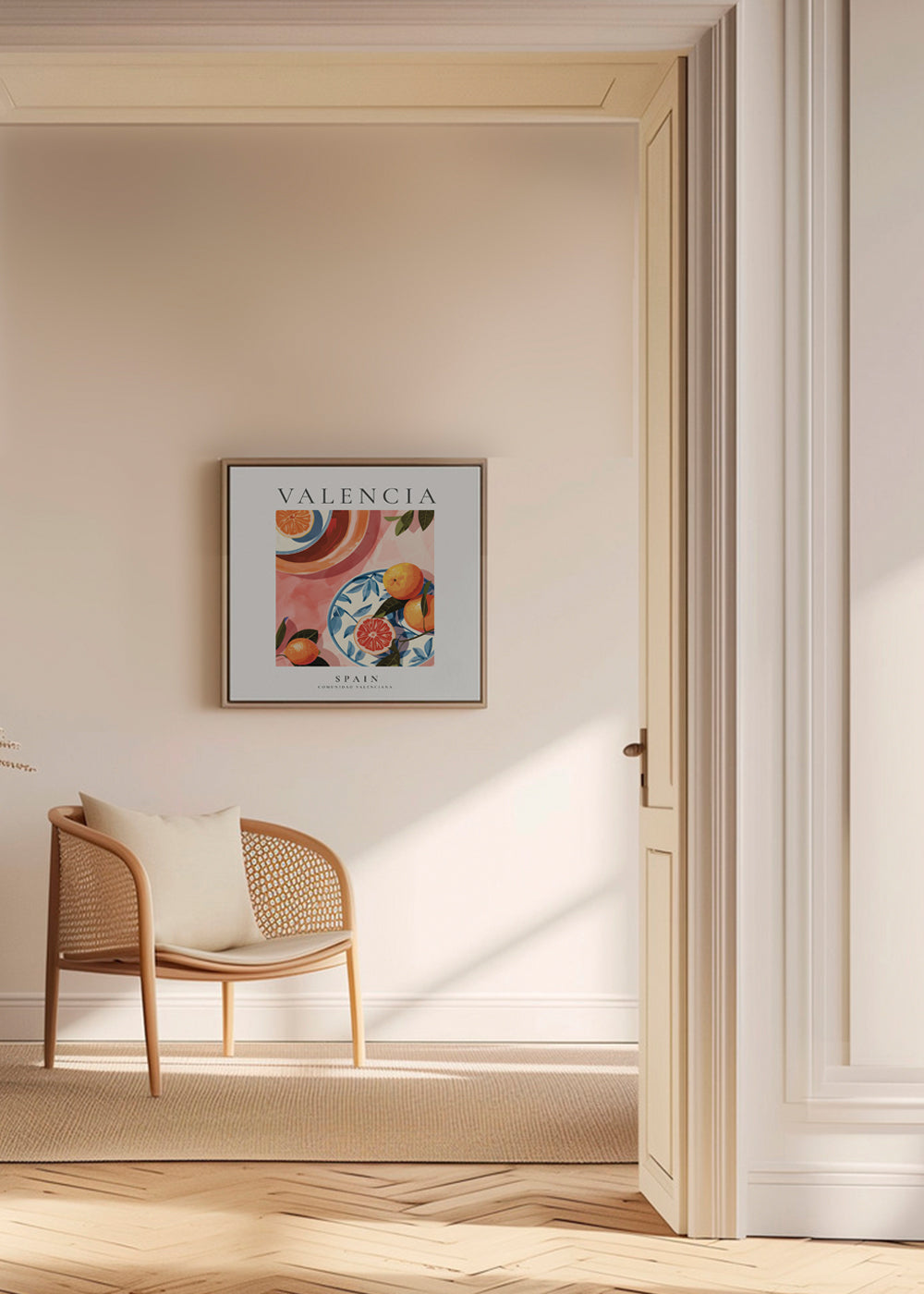 Rejseplakat Valencia med illustrerede appelsiner