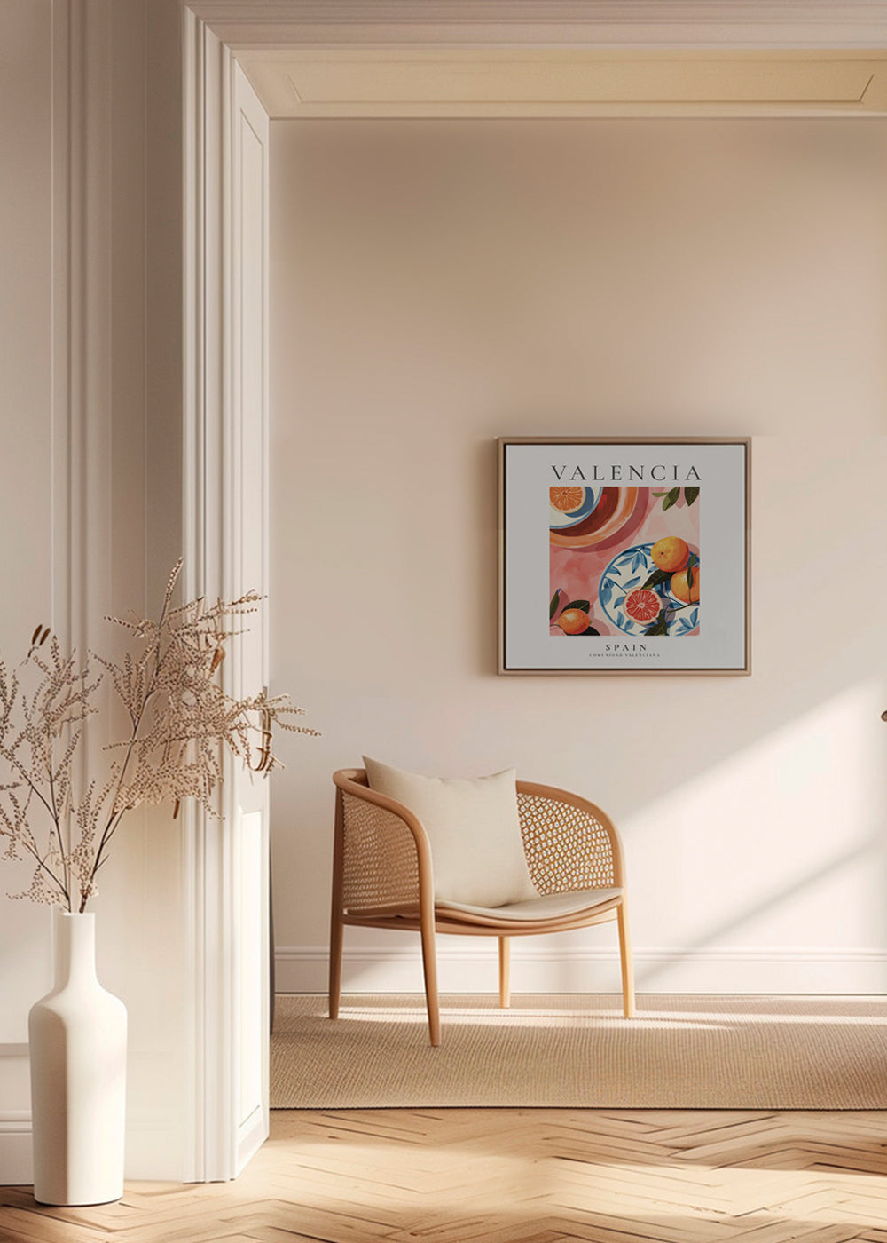 Rejseplakat Valencia med illustrerede appelsiner
