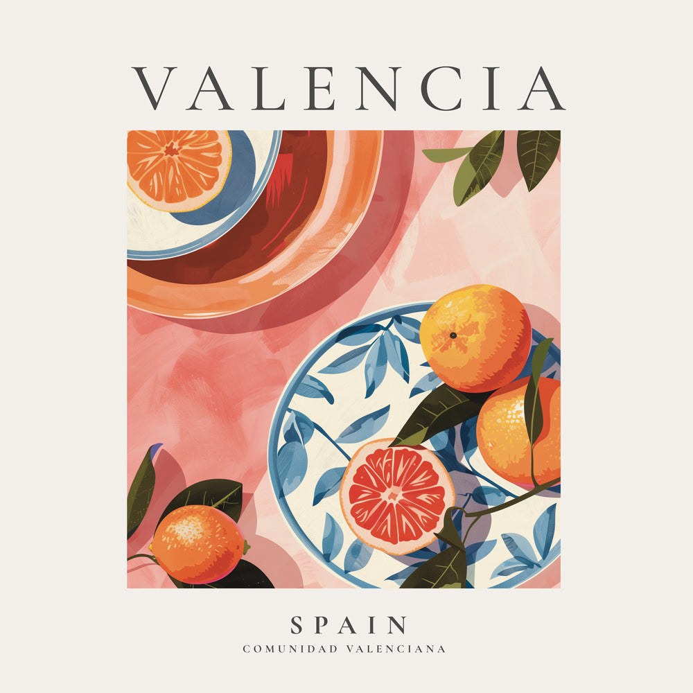 Rejseplakat Valencia med illustrerede appelsiner