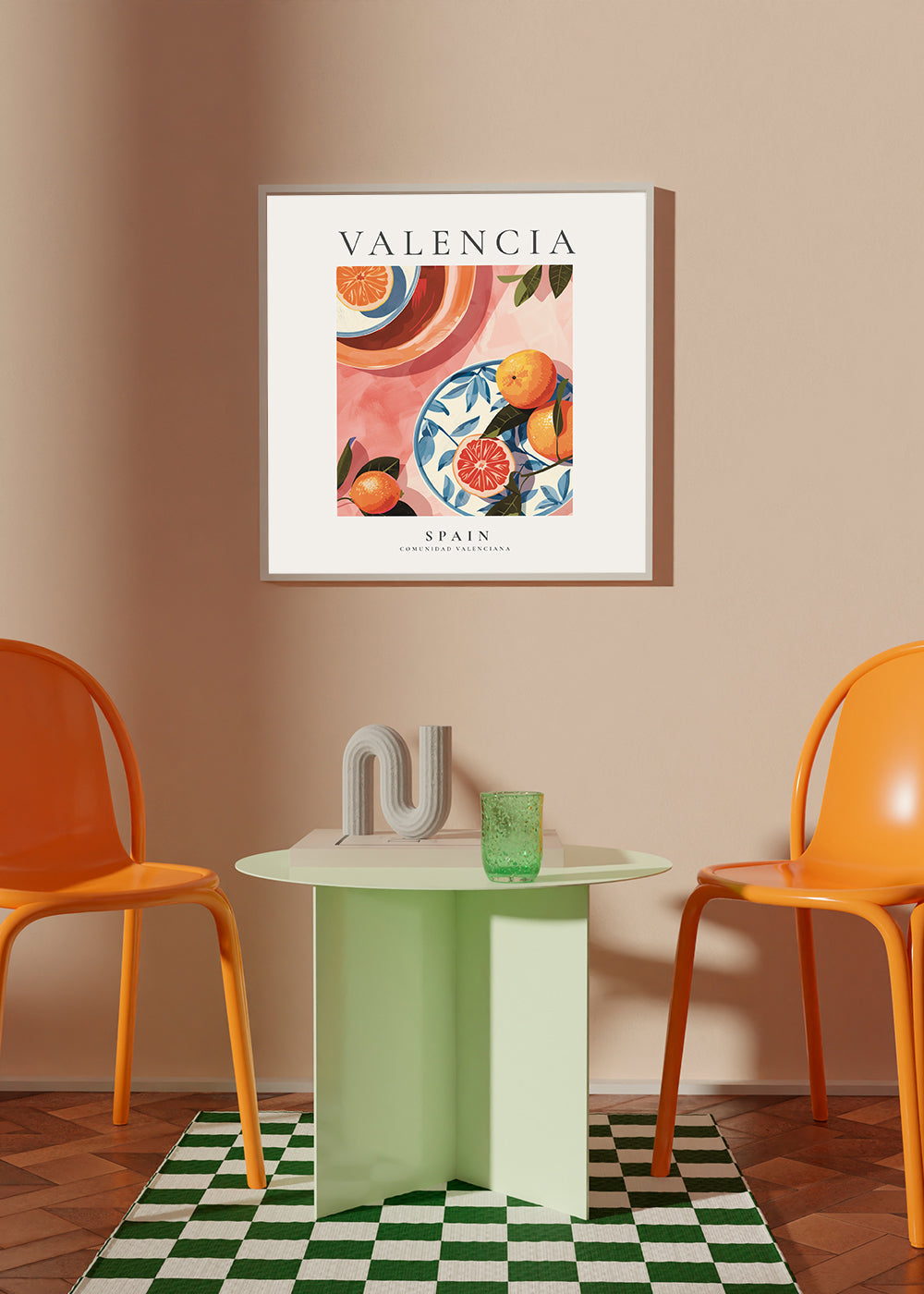 Rejseplakat Valencia med illustrerede appelsiner