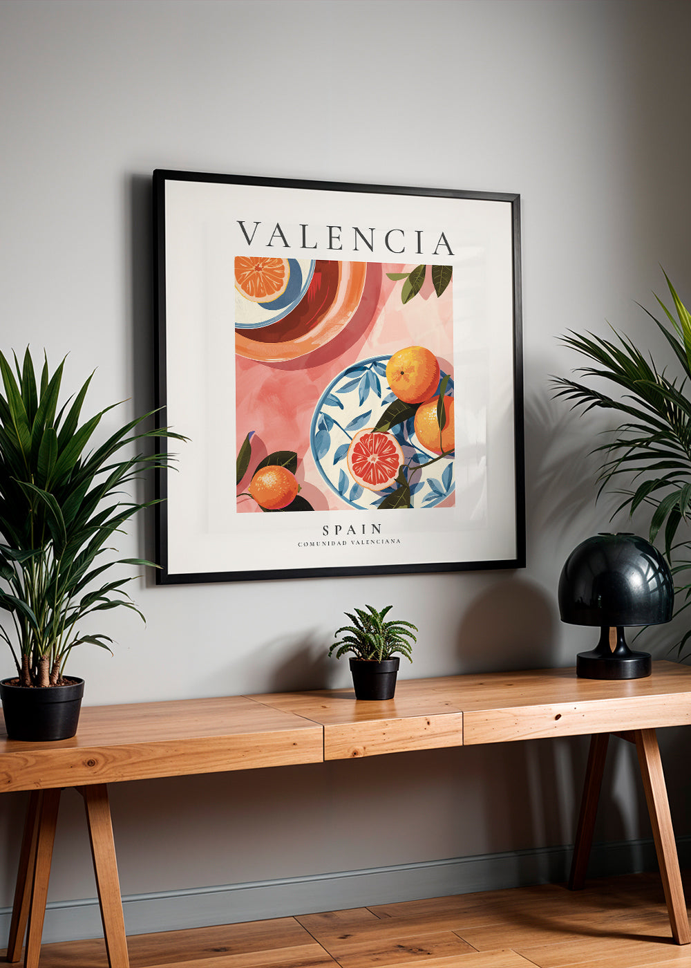 Rejseplakat Valencia med illustrerede appelsiner