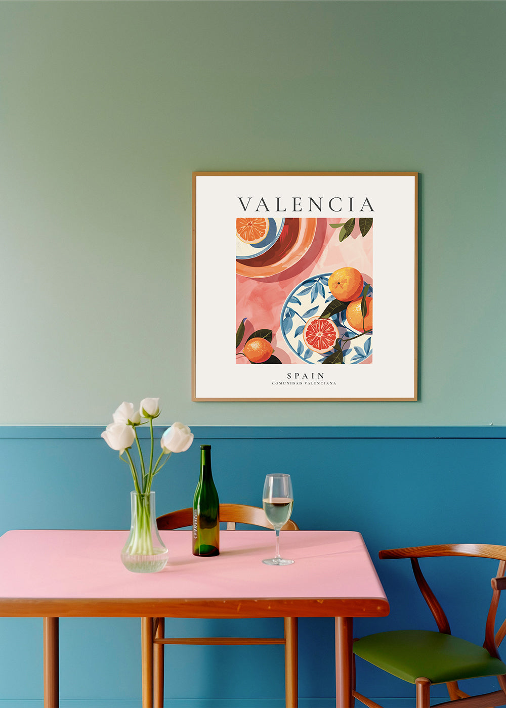 Rejseplakat Valencia med illustrerede appelsiner