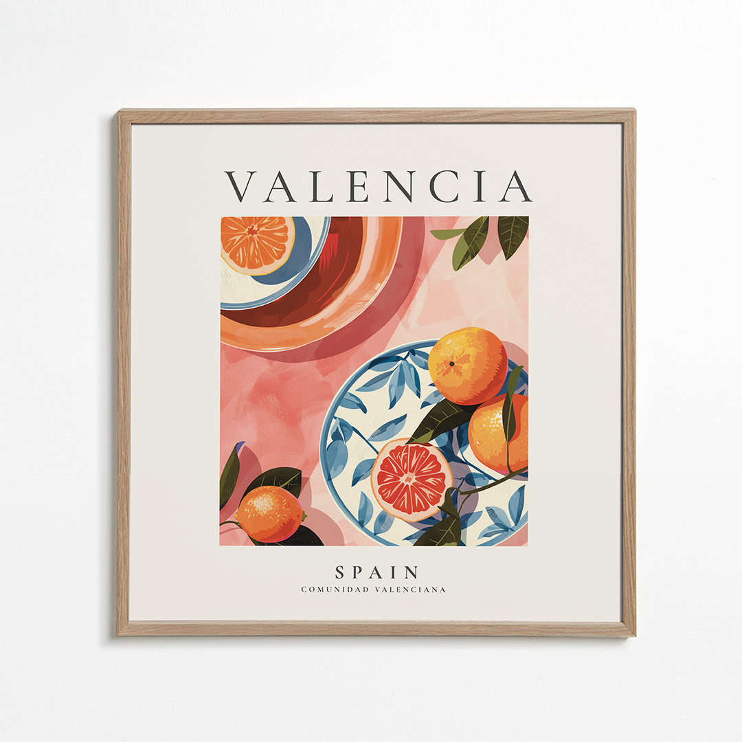 Rejseplakat Valencia med illustrerede appelsiner