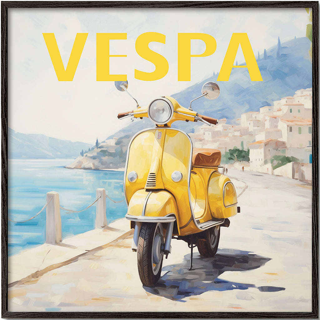 Vintage plakat gul Vespa ved havet