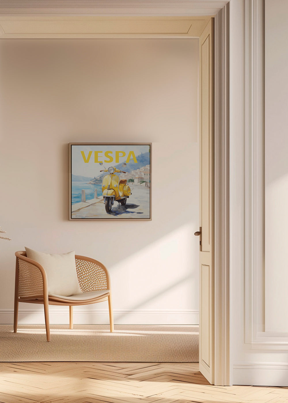 Vintage plakat gul Vespa ved havet