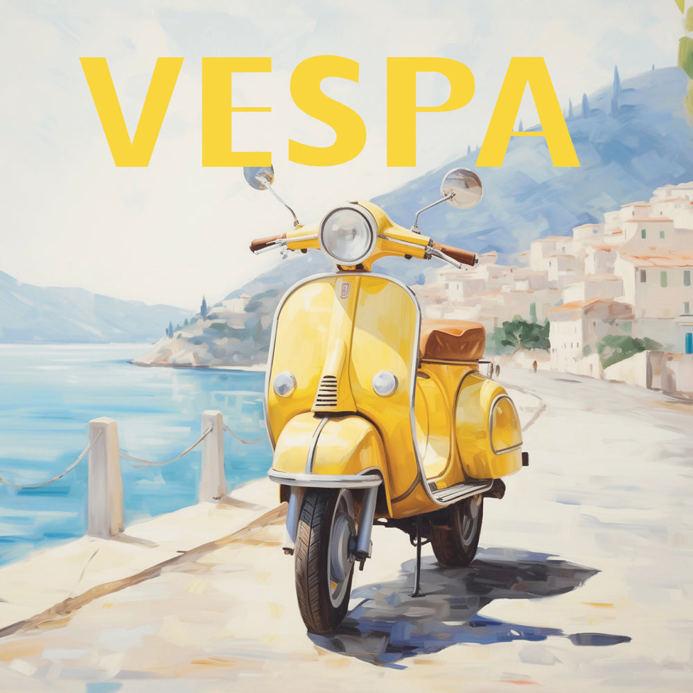 Vintage plakat gul Vespa ved havet