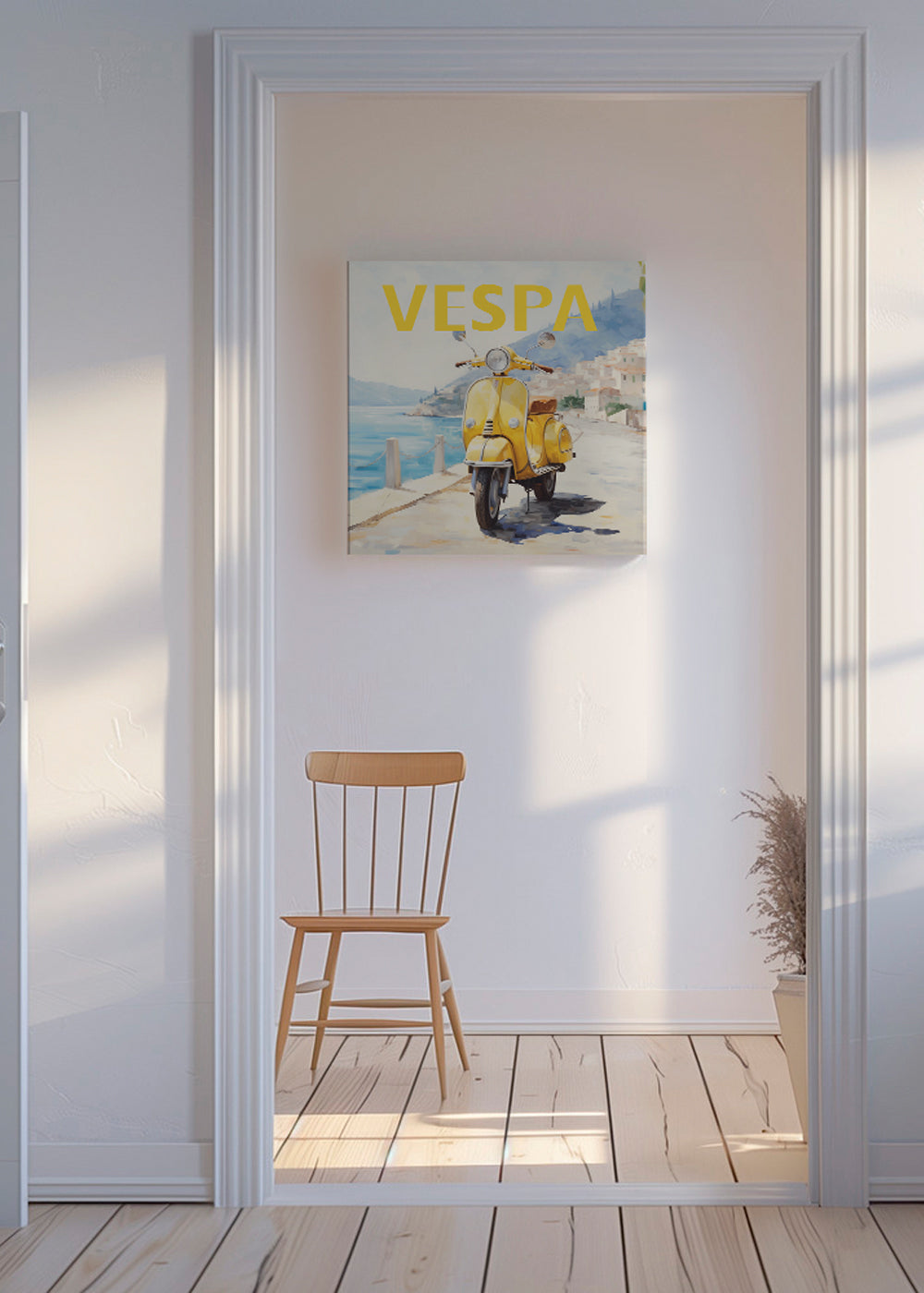 Vintage plakat gul Vespa ved havet