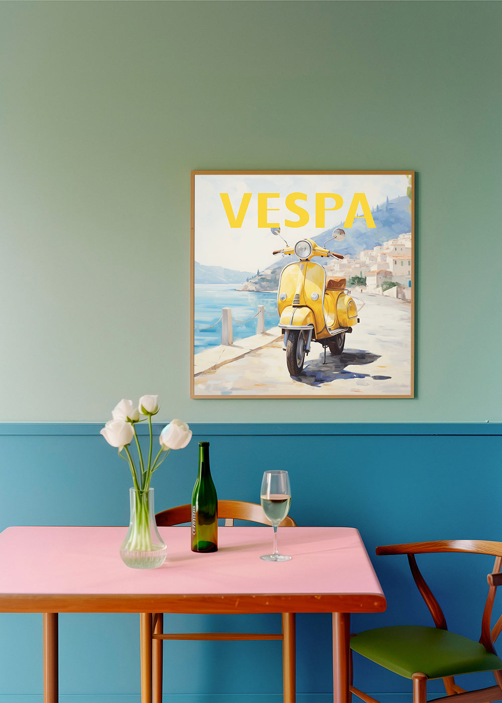 Vintage plakat gul Vespa ved havet