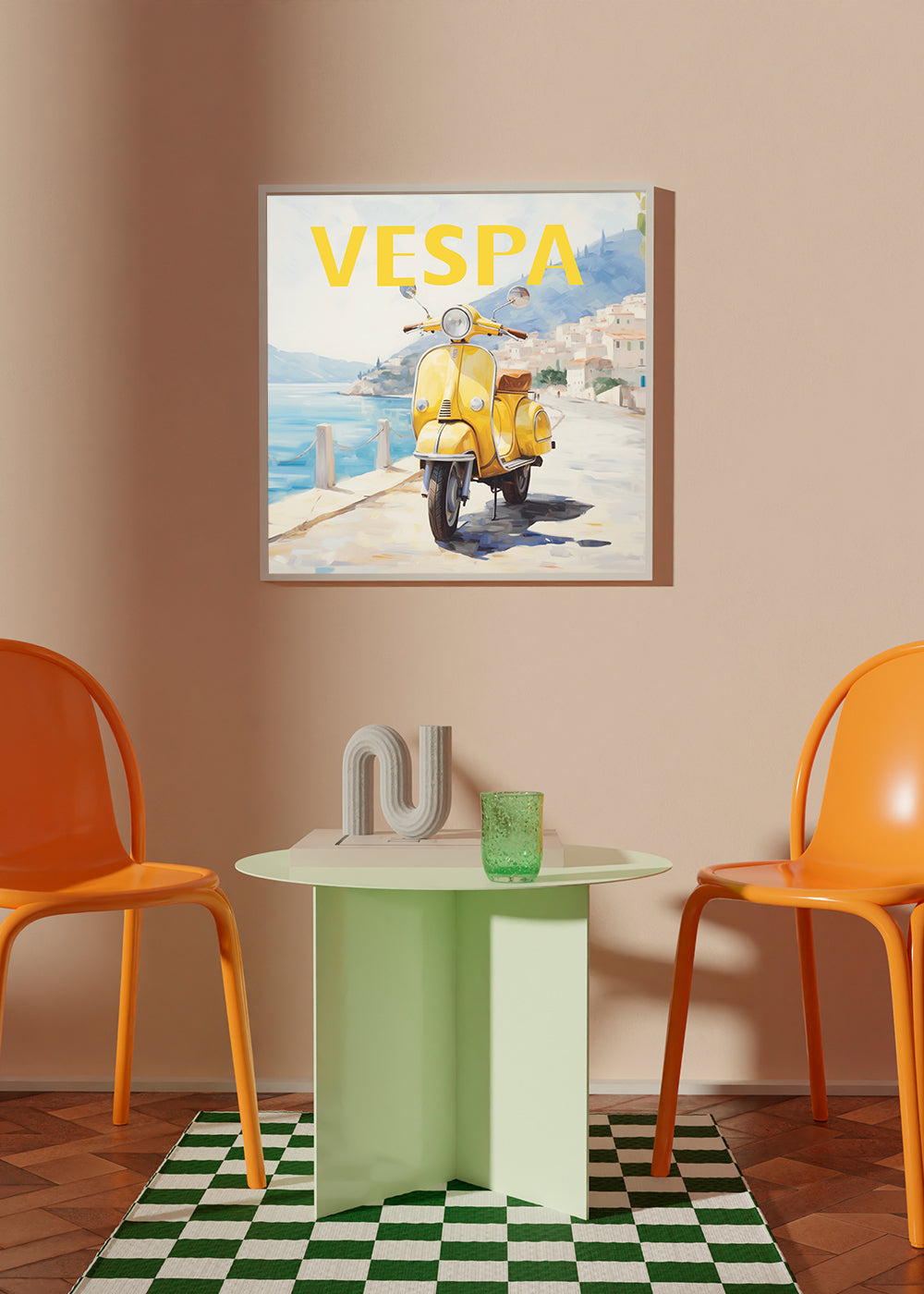 Vintage plakat gul Vespa ved havet