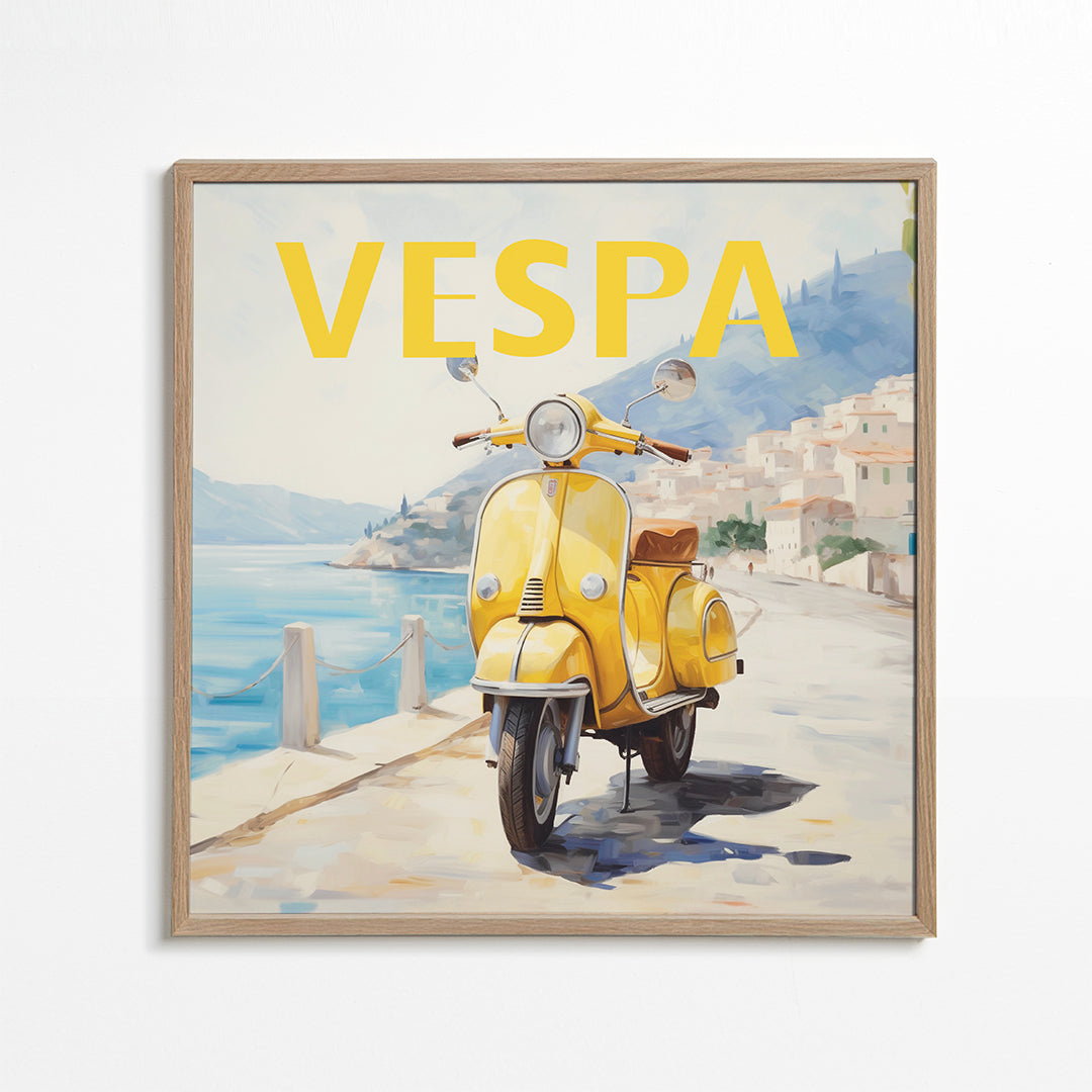 Vintage plakat gul Vespa ved havet