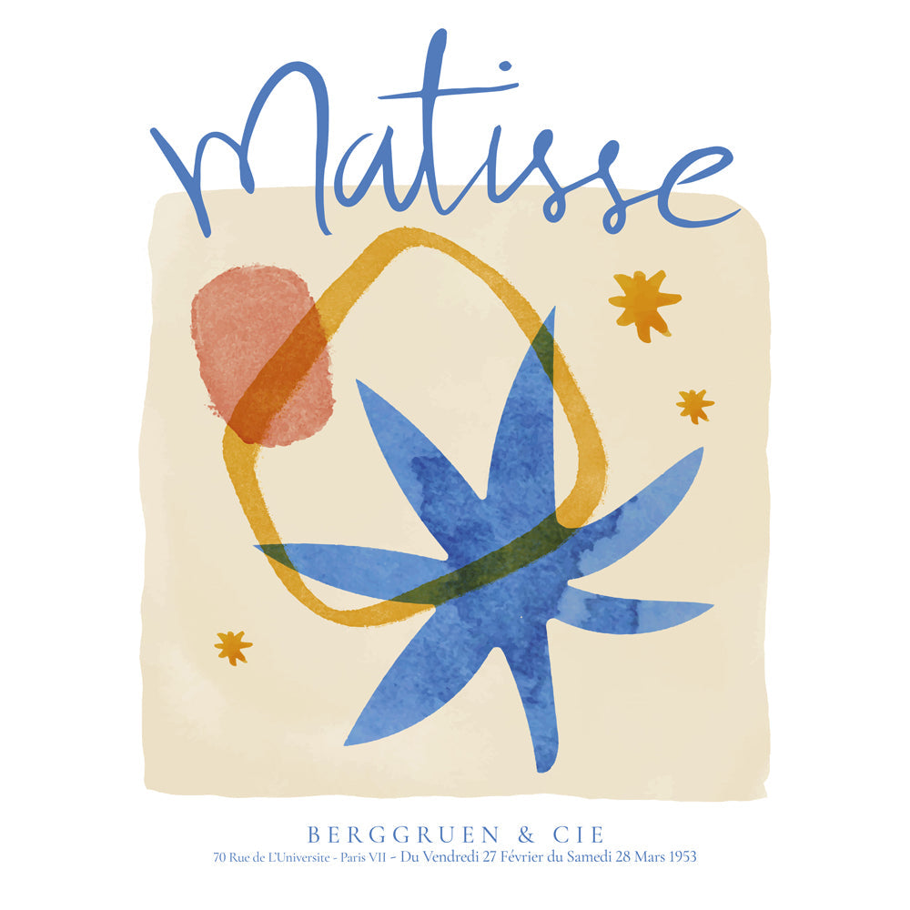 Botanisk plakat inspireret af Matisse i blå og guld
