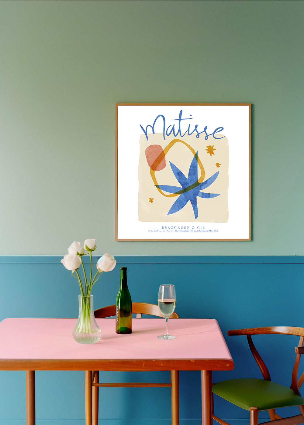 Botanisk plakat inspireret af Matisse i blå og guld