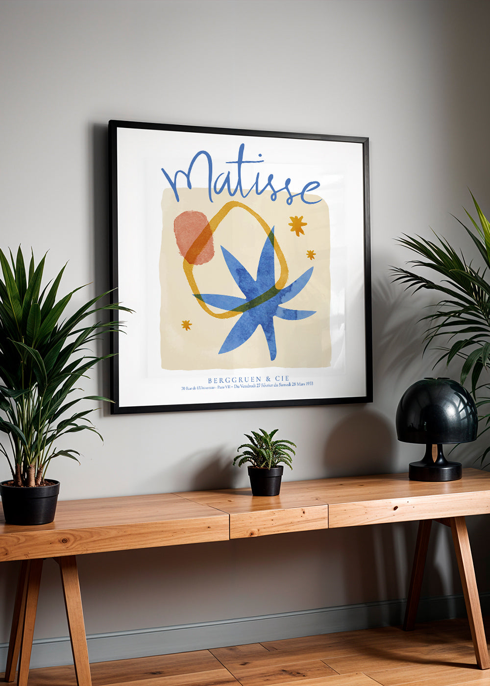 Botanisk plakat inspireret af Matisse i blå og guld