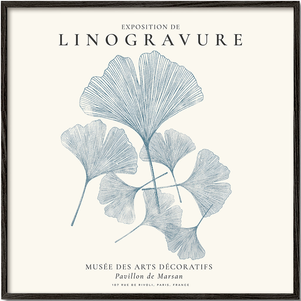 Botanisk plakat Ginkgo linogravure i blå