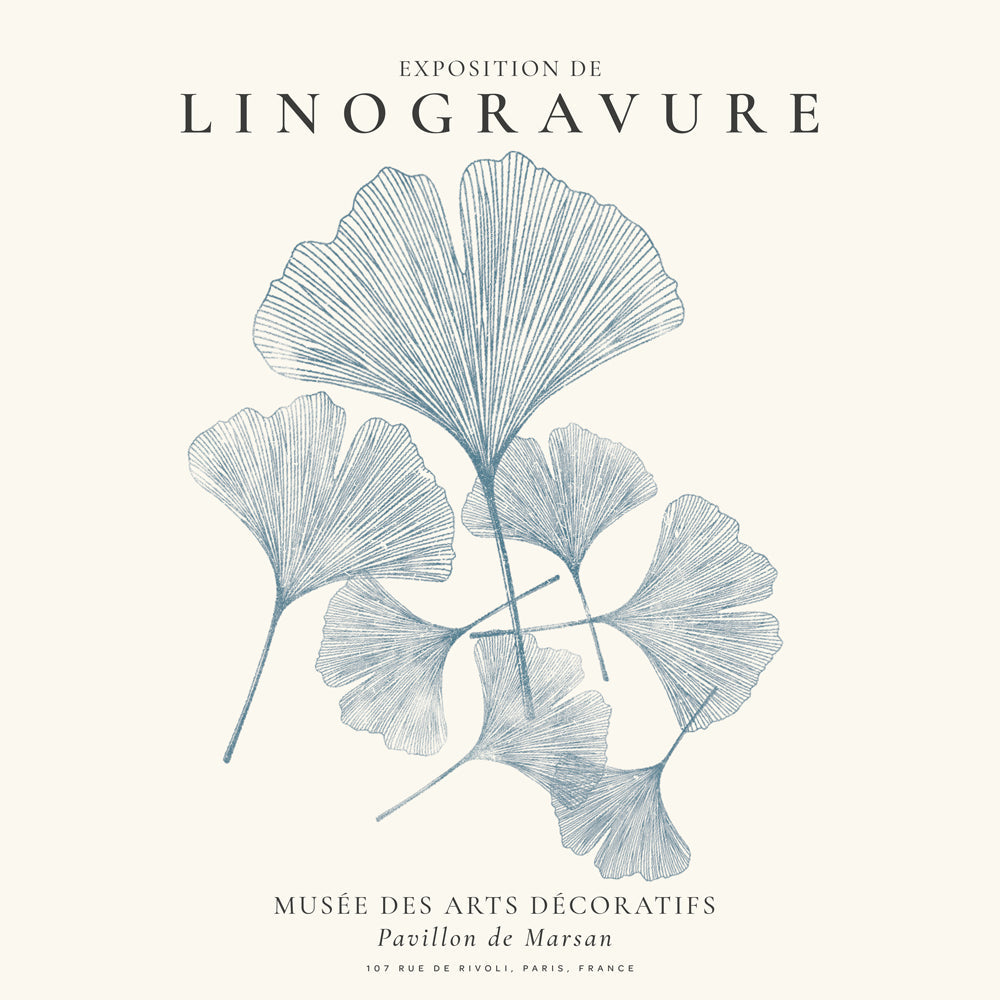 Botanisk plakat Ginkgo linogravure i blå