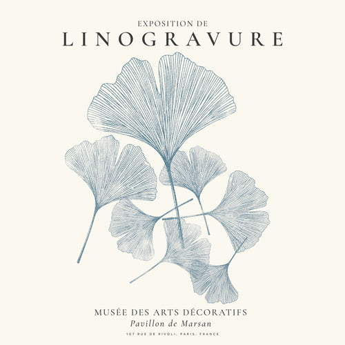 Botanisk plakat Ginkgo linogravure i blå