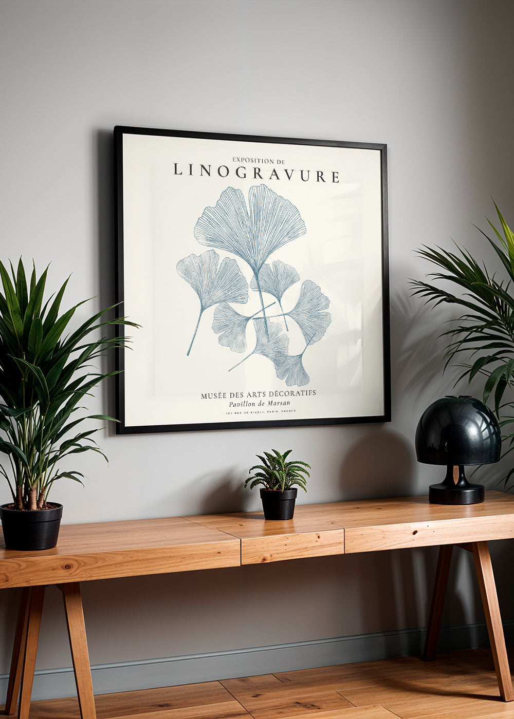 Botanisk plakat Ginkgo linogravure i blå
