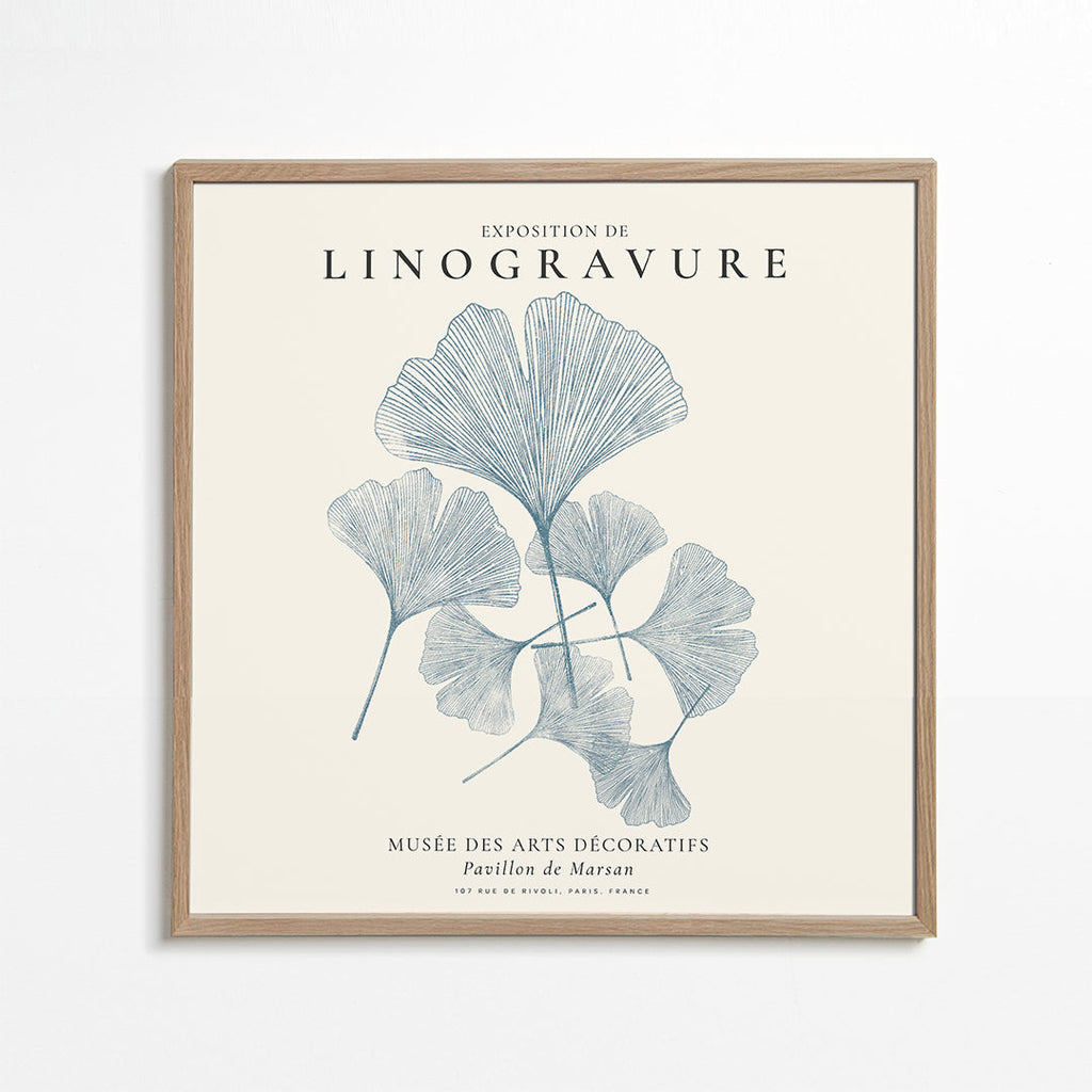 Botanisk plakat Ginkgo linogravure i blå