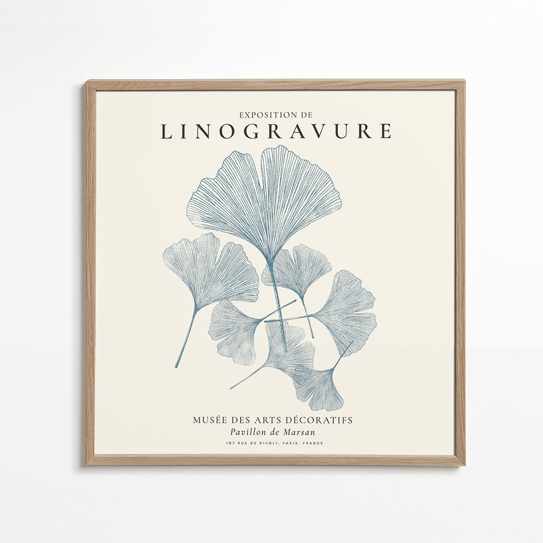 Botanisk plakat Ginkgo linogravure i blå