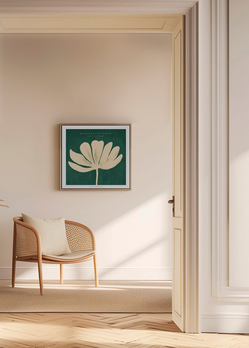 Botanisk plakat: marguerit på grøn baggrund