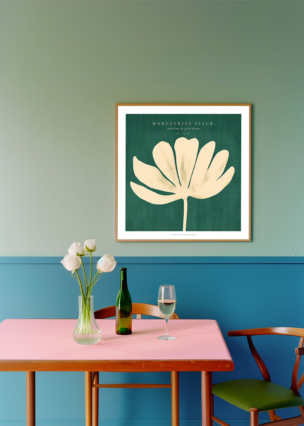 Botanisk plakat: marguerit på grøn baggrund