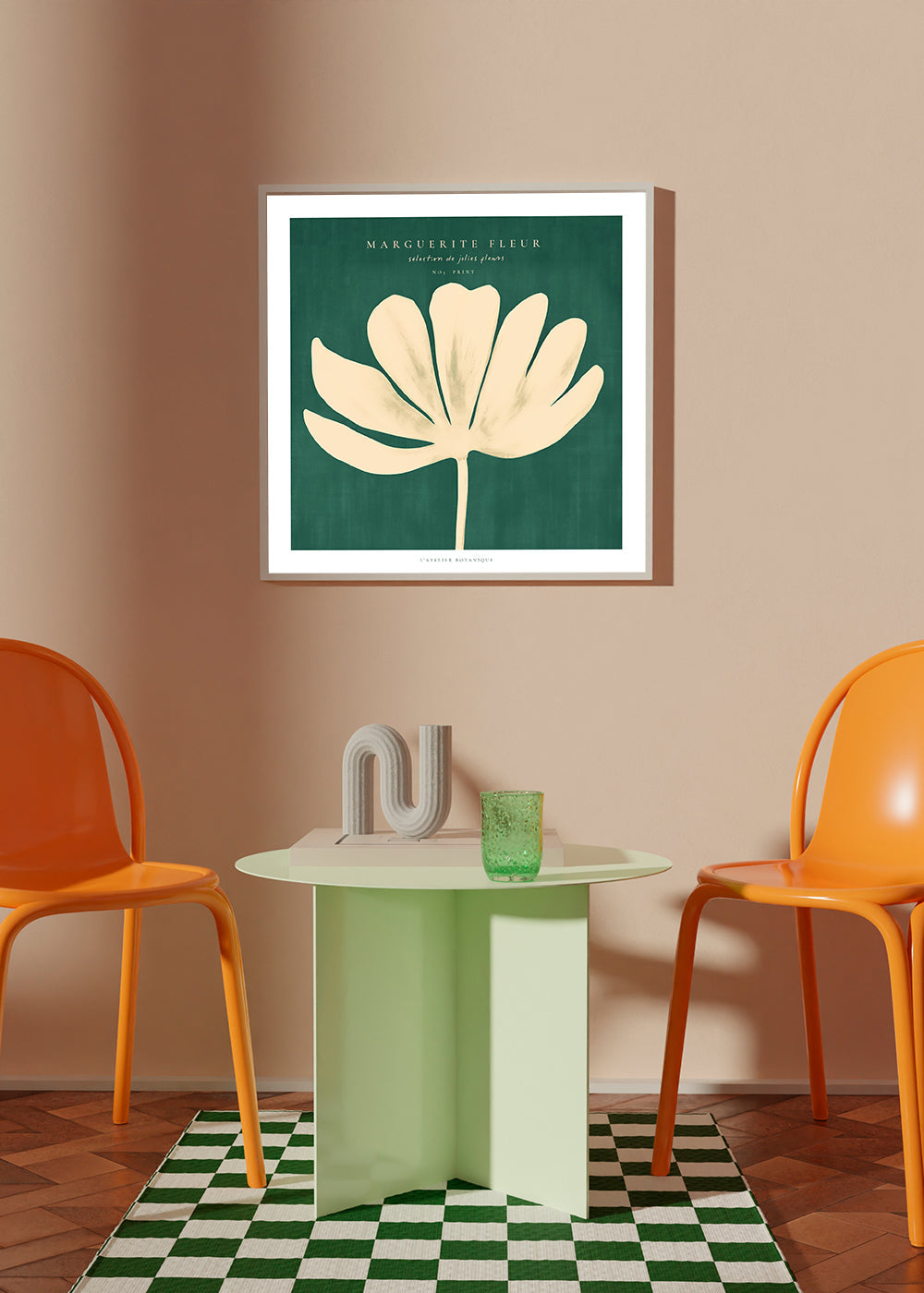 Botanisk plakat: marguerit på grøn baggrund