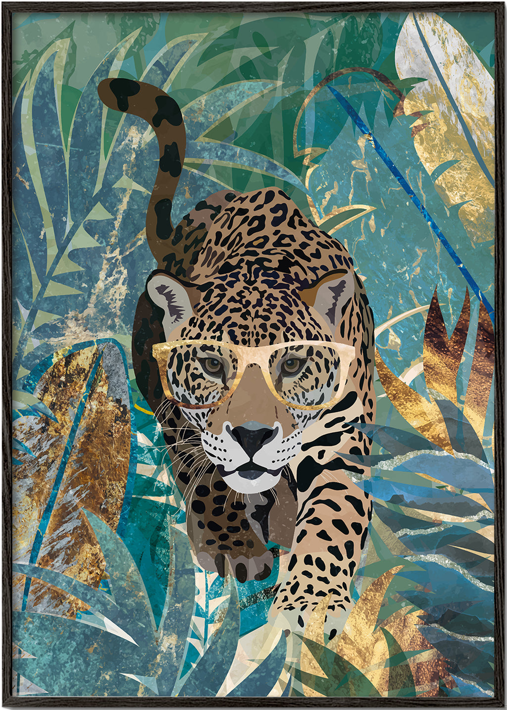 Kunst jaguar i junglen med gyldne briller