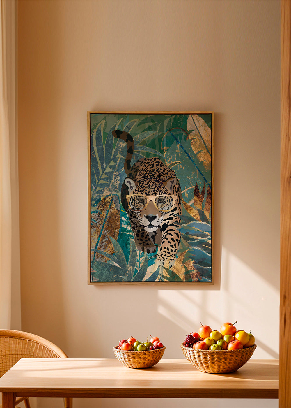 Kunst jaguar i junglen med gyldne briller