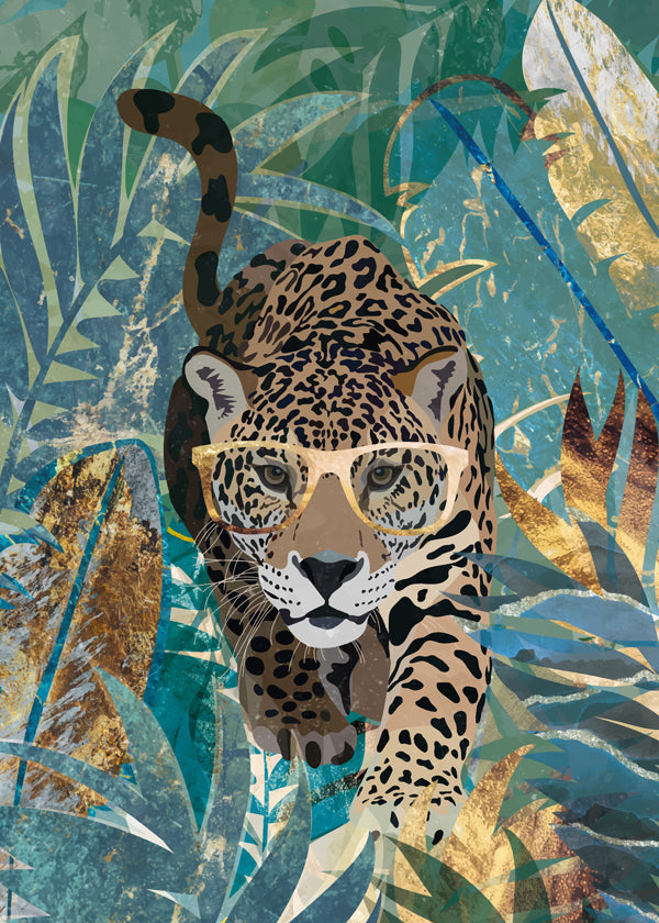 Kunst jaguar i junglen med gyldne briller