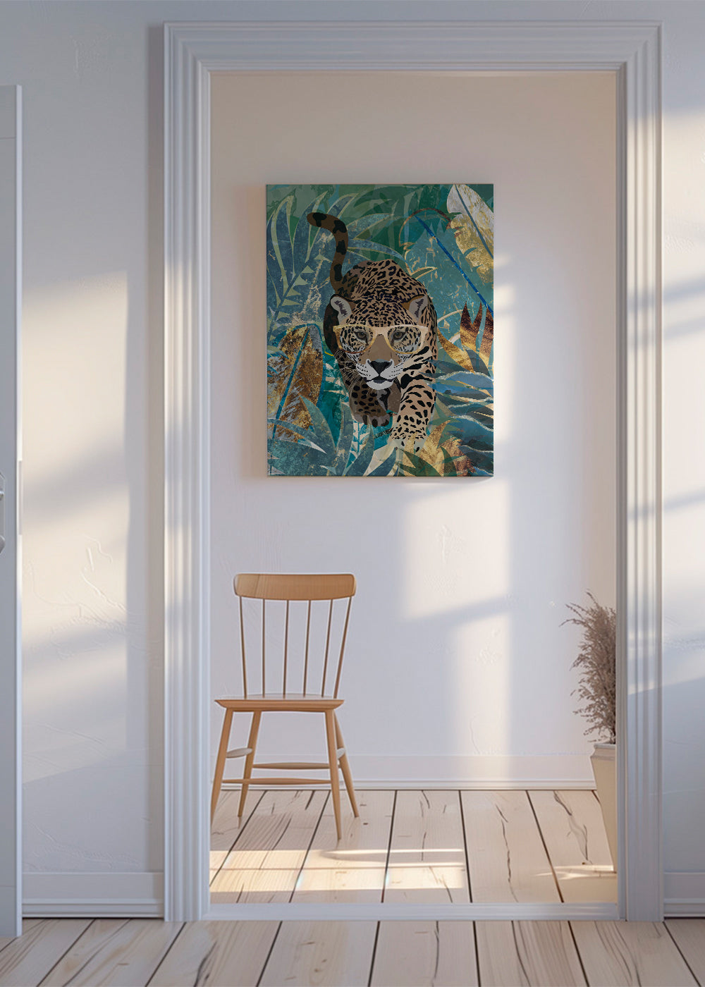 Kunst jaguar i junglen med gyldne briller