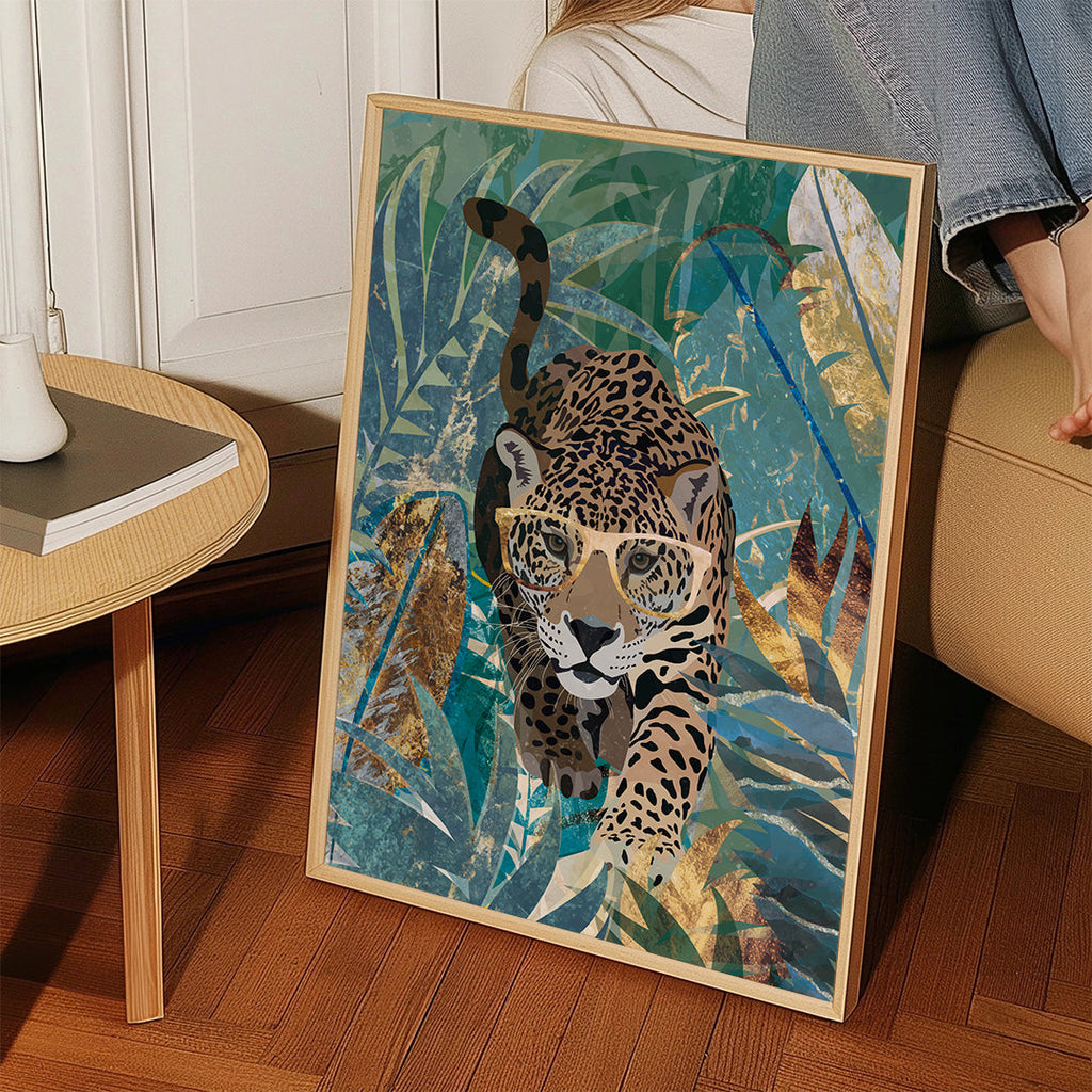 Kunst jaguar i junglen med gyldne briller