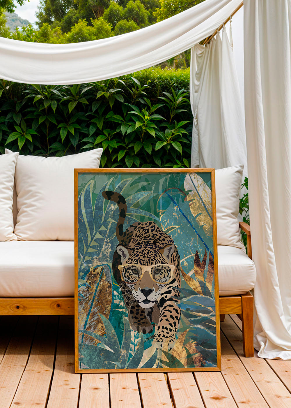 Kunst jaguar i junglen med gyldne briller