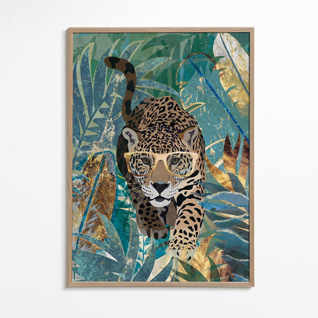 Kunst jaguar i junglen med gyldne briller