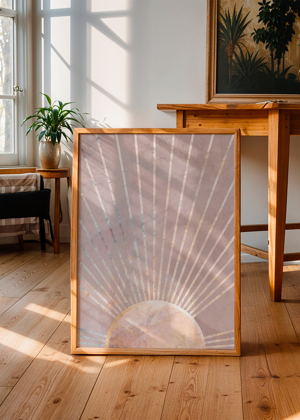 Abstrakt kunst rosa solopgang geometri