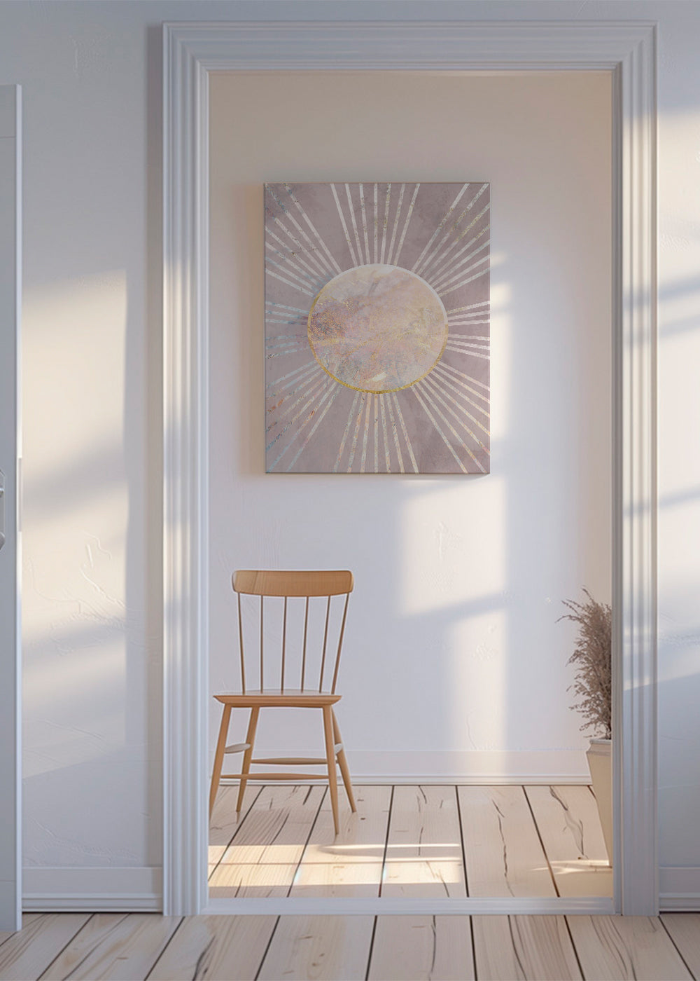 Abstrakt billede med rosa sol i midten