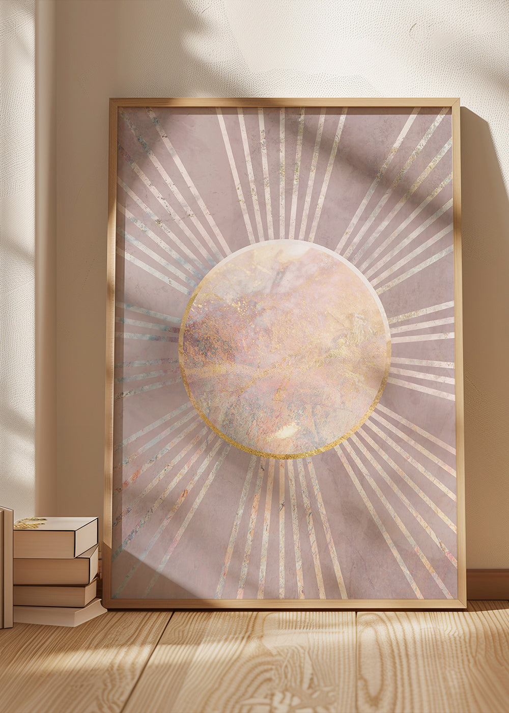 Abstrakt billede med rosa sol i midten