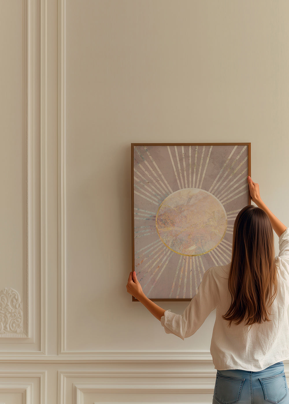 Abstrakt billede med rosa sol i midten