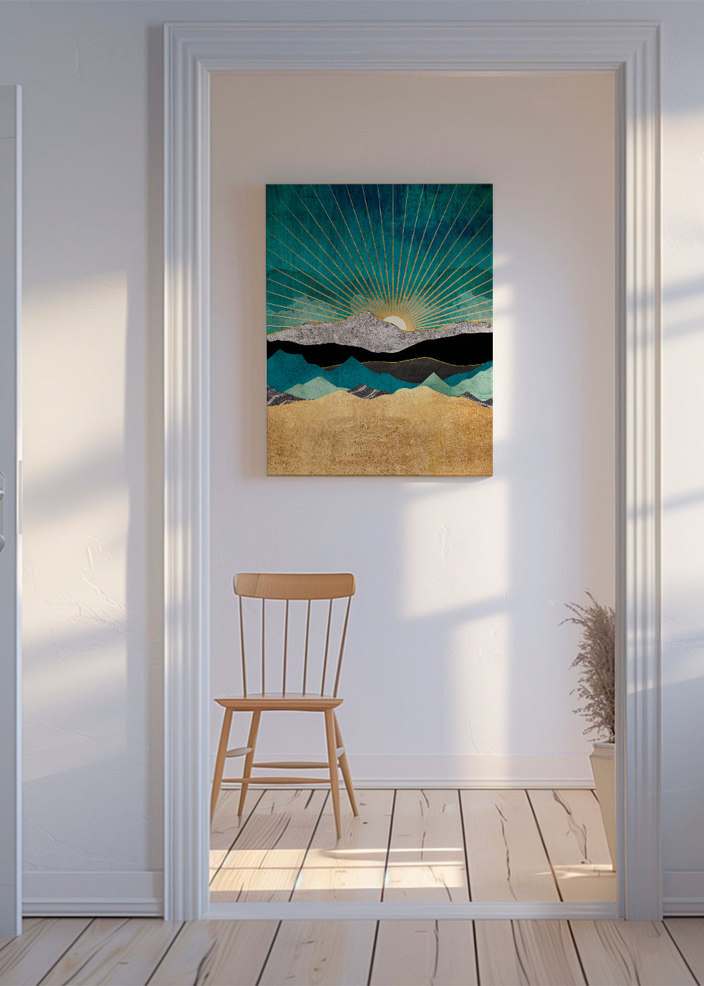 Landskab med gylden sol og geometriske lag