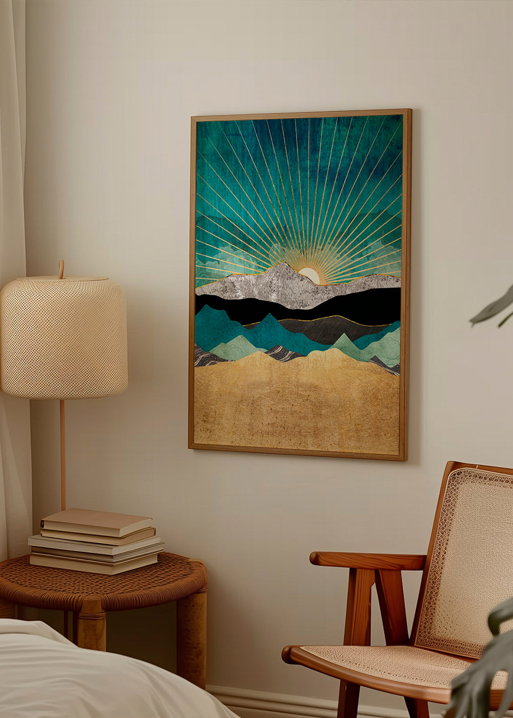Landskab med gylden sol og geometriske lag
