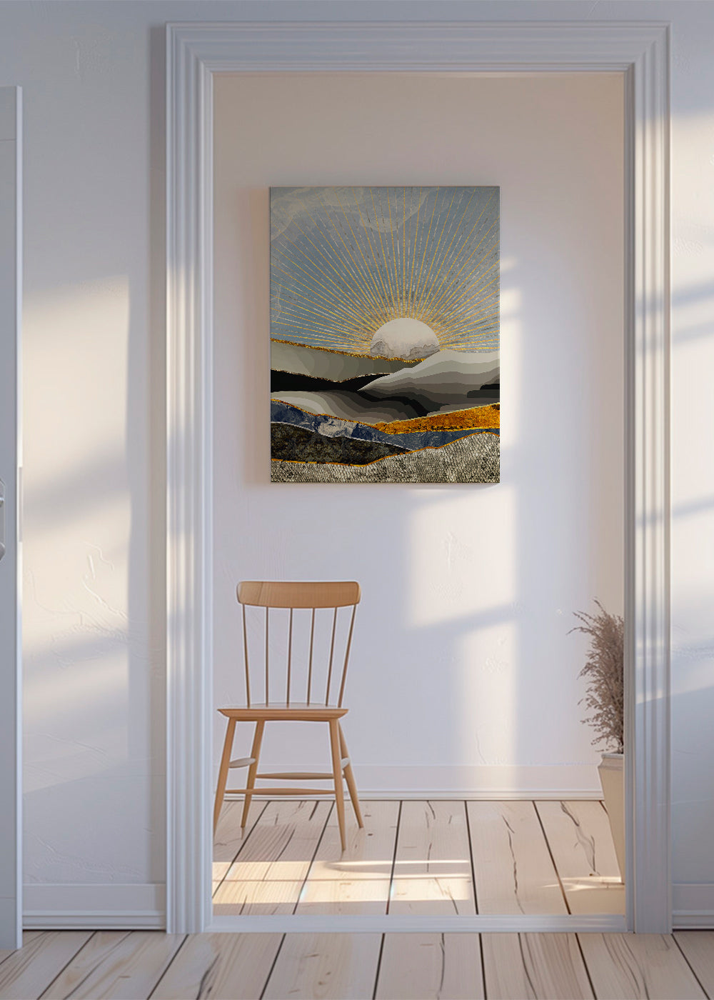 Landskabskunst med gyldent solmotiv og lagdelte teksturer