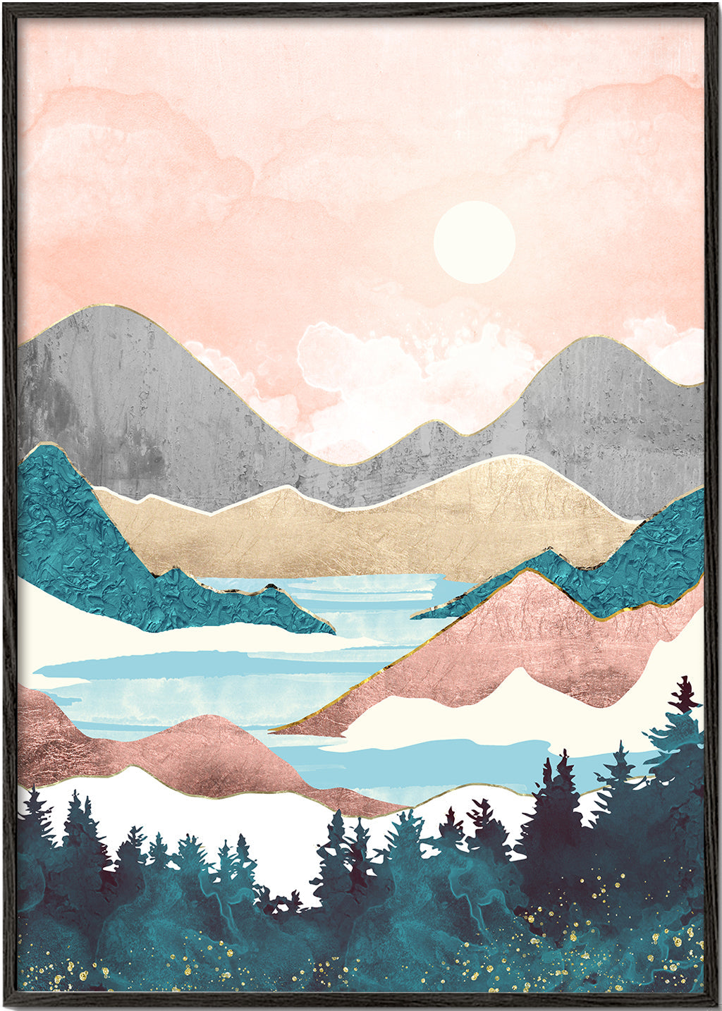 Landskabskunst: sø ved solopgang illustration