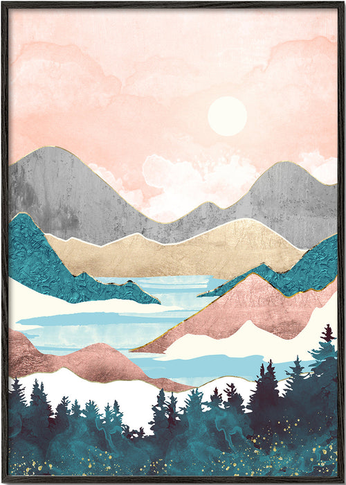 Landskabskunst: sø ved solopgang illustration