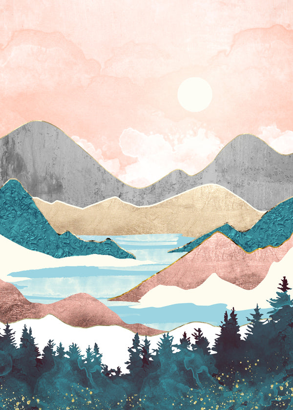 Landskabskunst: sø ved solopgang illustration