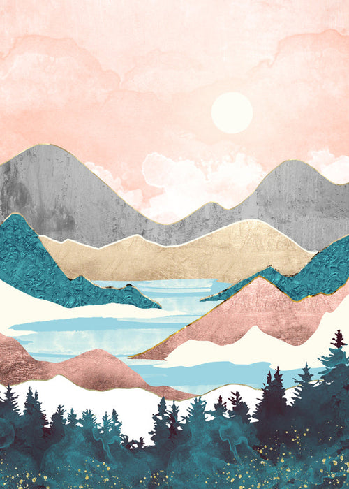 Landskabskunst: sø ved solopgang illustration