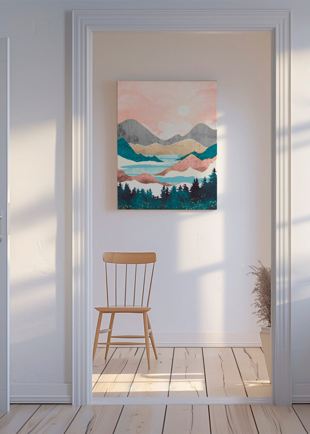 Landskabskunst: sø ved solopgang illustration