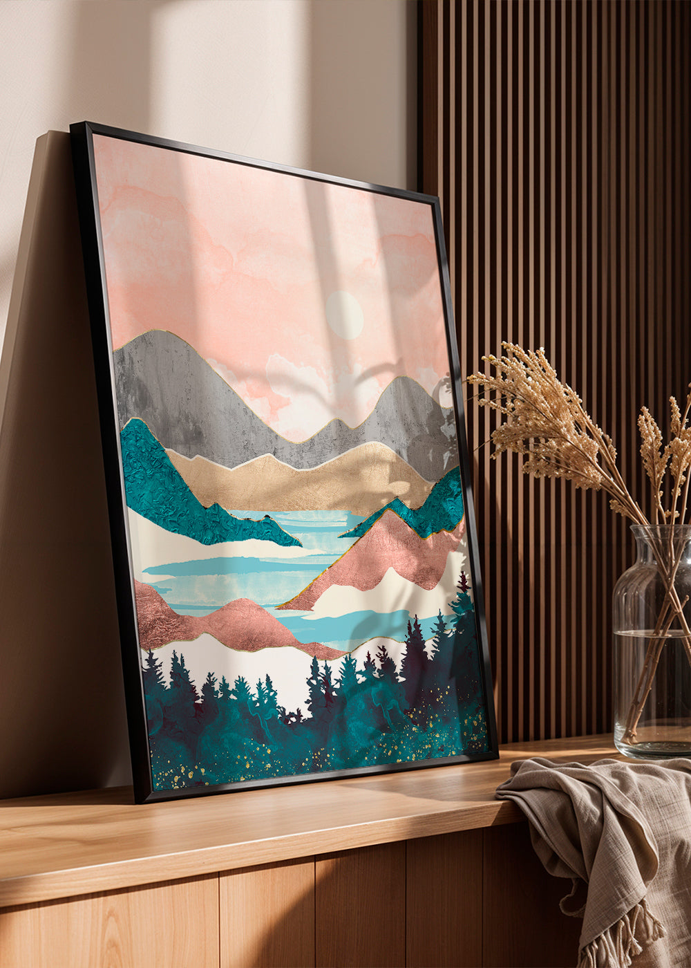 Landskabskunst: sø ved solopgang illustration
