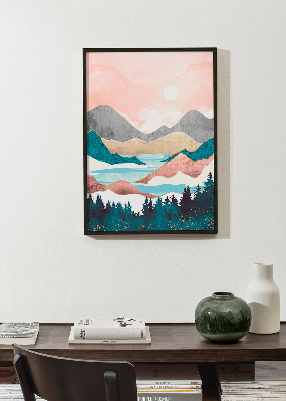 Landskabskunst: sø ved solopgang illustration