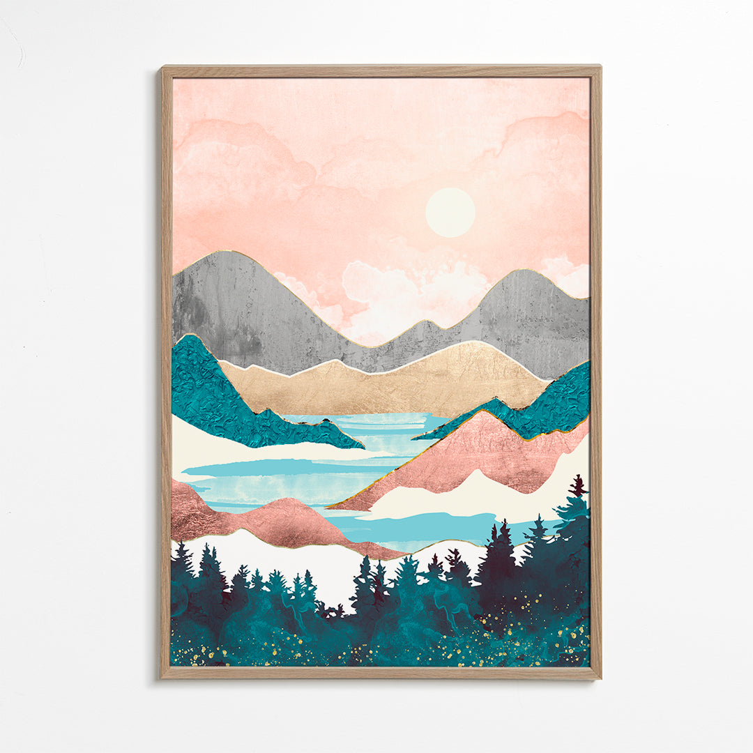 Landskabskunst: sø ved solopgang illustration