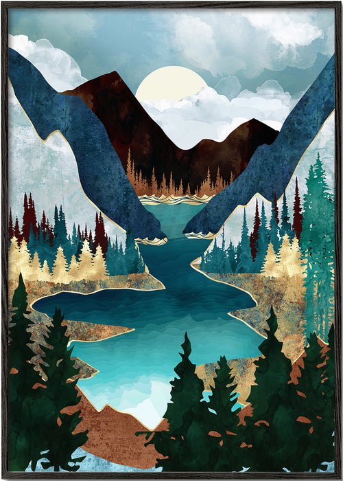 Landskabsplakat: sø mellem bjerge illustration